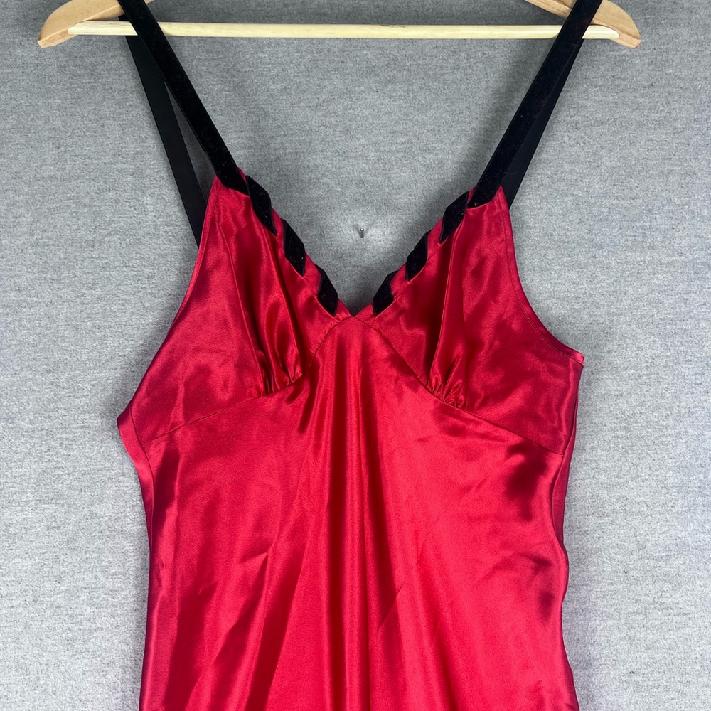 Valentino Intime Red Satin Nightgown Black Velvet Straps Maxi Slip Dress Vintage